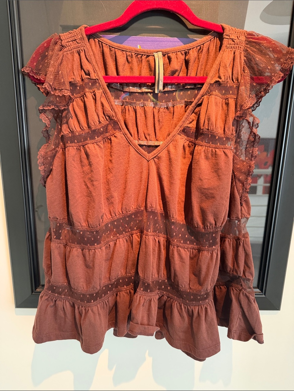 Anthropologie Rust Brown Lace-Trim Tiered V-Neck Tunic